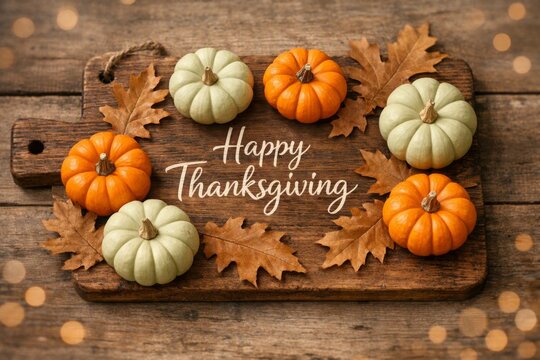 Autumn pumpkin arrangement with oak leaves and happy thanksgiving text on wooden board for seasonal banner and rustic background design