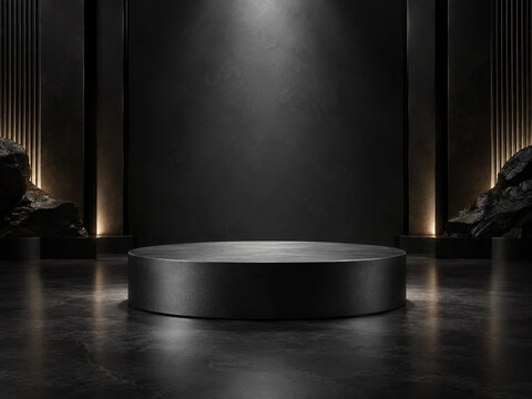 Luxury Black Product Podium in Dark Studio Background