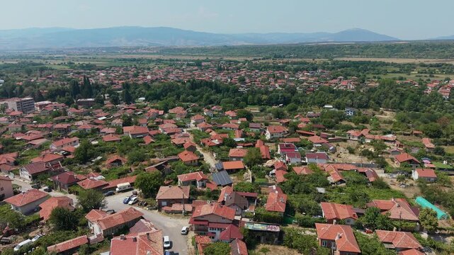 Aerial view of Stob village and red tile roofs in Bulgaria
