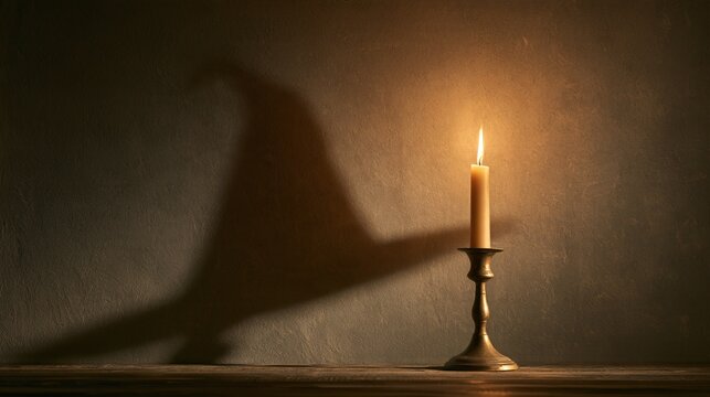A dramatic Halloween background showing a single antique brass candlestick casting a large distorted shadow of a witch hat across a textured plaster wall, warm candle illumination