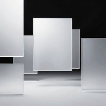 group six square shaped objects arranged diagonal line black background objects appear glass similar material different sizes shapes white color smooth reflective surface background solid black color