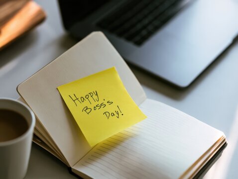 Happy Boss Day note placed inside open notebook on desk