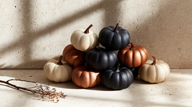 A Halloween background featuring a cluster of miniature pumpkins painted in sophisticated shades of matte black, cream, and muted copper, arranged on a travertine surface with a single dried branch