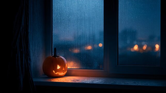 A Halloween background featuring a modern apartment window at night covered with delicate condensation, with the silhouette of a carved pumpkin glowing softly on the interior windowsill