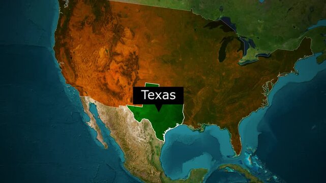 Animated satellite map zooming in to highlight the state of Texas with a location pin