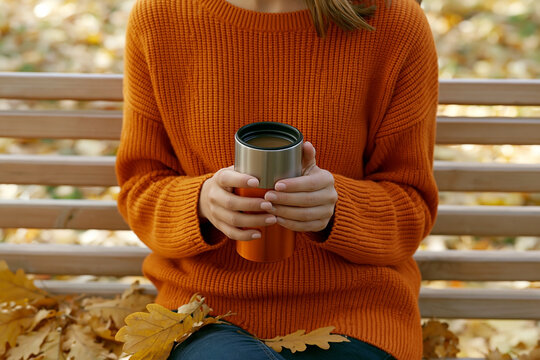 Woman in orange knitted sweater holding a warm drink in travel mug while sitting on a wooden bench surrounded by autumn leaves