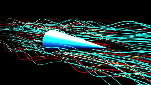 Blue Cone Aerodynamics Simulation with Swirling Fluid Dynamics Trails in Dark Environment