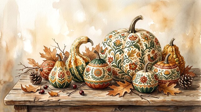 Autumn pumpkins and gourds illustration watercolor painting on a wooden table, harvest season still life