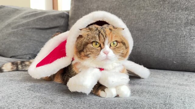 cat in santa hat scottish fold on grey sofa christmas holiday concept of pet, marketing, banner
