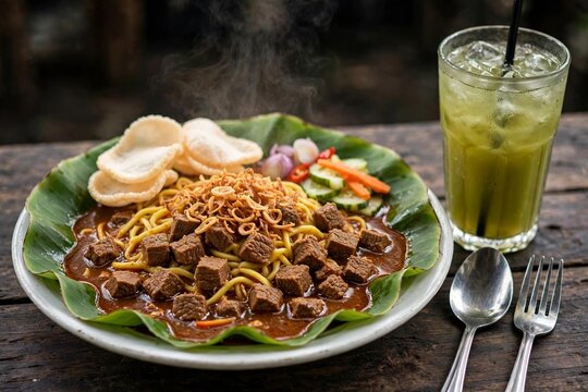 Mie Aceh Kuah Daging Banjir on Banana Leaf with Iced Green Tea Glass and Straw