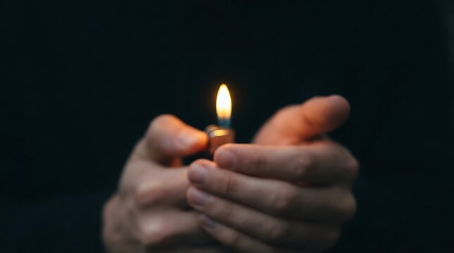 Hands lighting a lighter in the dark with a small bright flame focused in the center