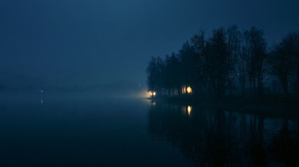 Obraz premium A Halloween background showing a foggy lake at night with the faint silhouette of leafless trees along the shoreline and a few distant warm lights reflected in the water, deep navy atmosphere