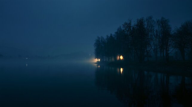 A Halloween background showing a foggy lake at night with the faint silhouette of leafless trees along the shoreline and a few distant warm lights reflected in the water, deep navy atmosphere