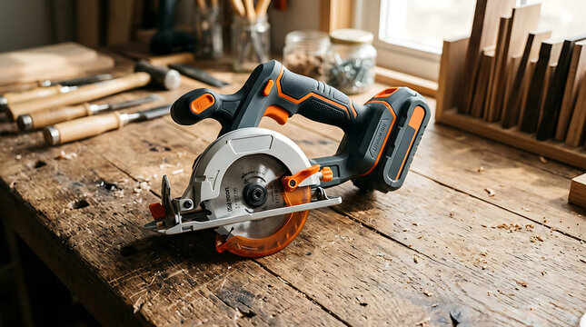 Cordless circular saw on a wooden workbench in a workshop