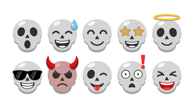 Collection of various emoji style skull character expressions with skull face character expression laughing