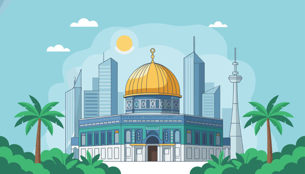 Beautiful flat vector illustration of the historic Dome of the Rock in Jerusalem with skyscrapers in the background.