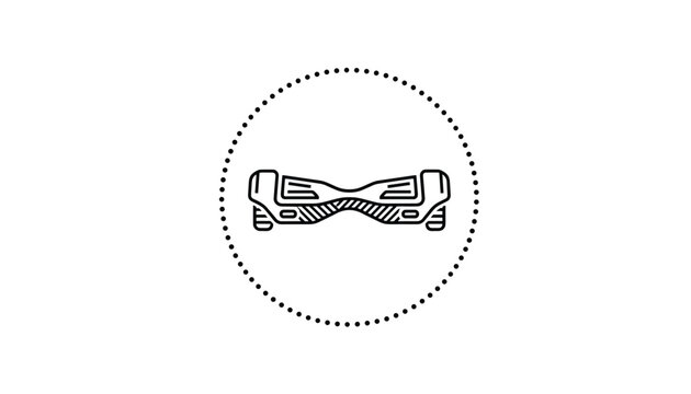 Minimalist sketchy vector illustration of a modern smart hoverboard icon inside a dotted circular frame.