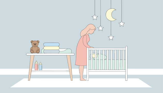 Caring mother looking lovingly at her baby sleeping peacefully inside a cozy nursery room crib under star decorations.
