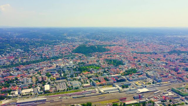 Graz, Austria. The historic city center Drone footage. Mount Schlossberg (Castle Hill). Drone footage