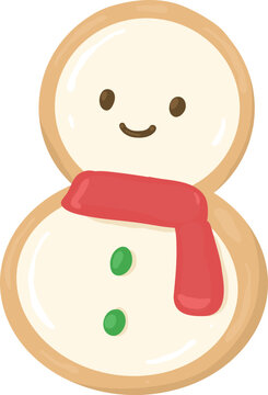 Cute baked snowman shaped Christmas cookie decorated with sweet white icing for traditional winter holiday dessert, sugar cookie xmas