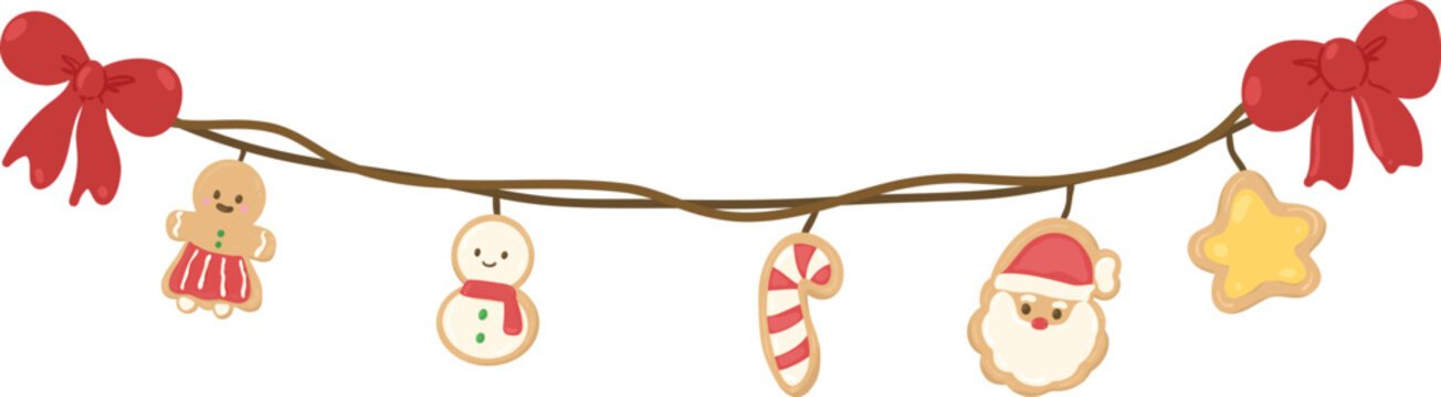 Festive winter holiday garland string with hanging Christmas cookies and red ribbon bows for cute decoration, sugar cookie xmas Decorative divider line