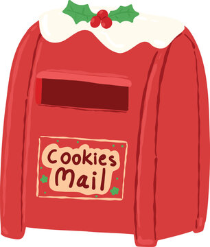 Cute red winter mailbox with cookies mail text for sending sweet Christmas holiday treats and wishes