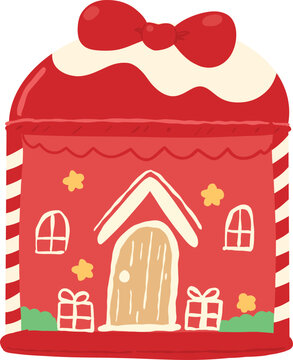 Cute red gingerbread house shaped cookie box with white icing decoration for Christmas holiday treats