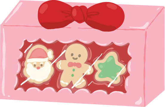 Beautiful pink Christmas gift box filled with sweet holiday cookies and decorated with a red ribbon bow, sugar cookie xmas Decorative handdrawn
