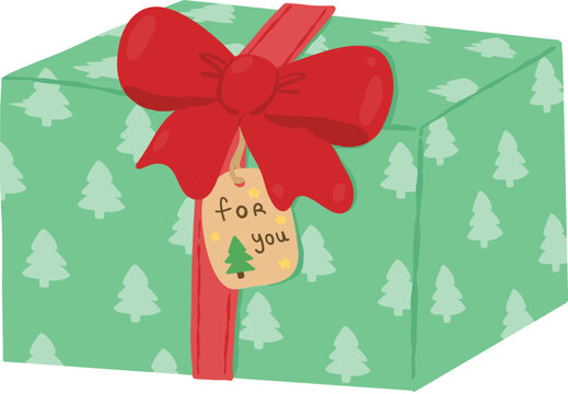 Festive green wrapped Christmas gift box decorated with pine trees and a big red ribbon bow