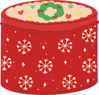 Festive round red cookie tin box decorated with white snowflakes for winter holiday sweet baked treats