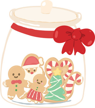 Cute glass jar container filled with traditional sweet Christmas holiday gingerbread cookies and tied with a ribbon, sugar cookie xmas Decorative
