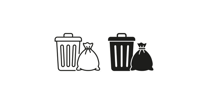 Black and outline trash can with garbage bag icons for waste disposal and recycling concepts.