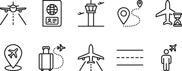 Airport transit and airline travel navigation line icon collection featuring flight tracking passport control and runway routing symbols vector © MSTLIPI