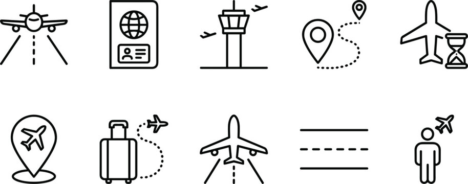 Airport transit and airline travel navigation line icon collection featuring flight tracking passport control and runway routing symbols vector