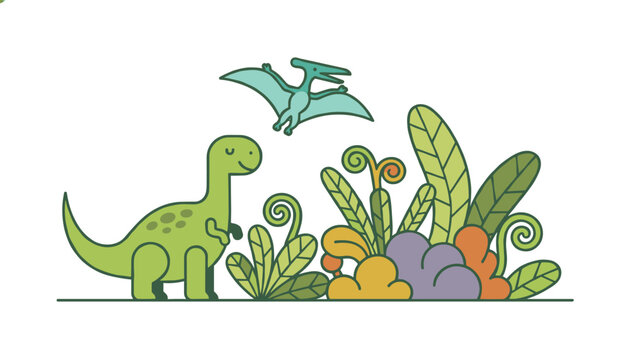 Cute little green dinosaur looking at a flying pterodactyl among lush tropical plants and colorful jungle bushes.