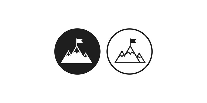 Mountain peak with flag icon set in circular frames for achievement and success concepts.