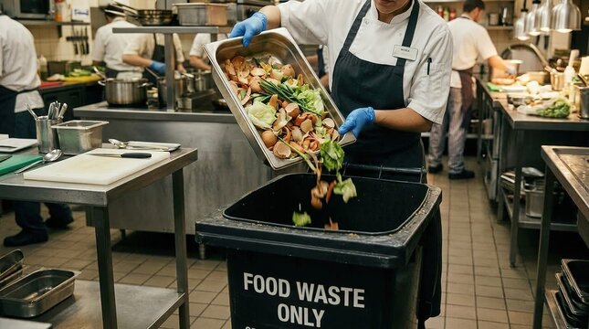 Chef disposing of food waste in professional restaurant kitchen