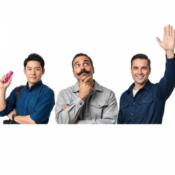 Three men waving cheerfully together
