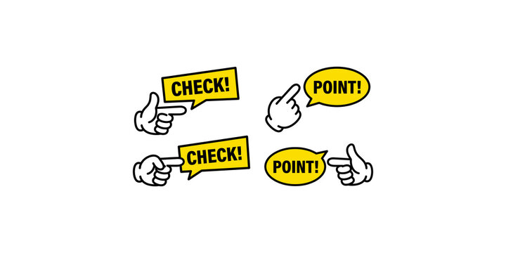 Yellow speech bubble stickers with hand pointer icons featuring check and point labels for communication and customer feedback interface.