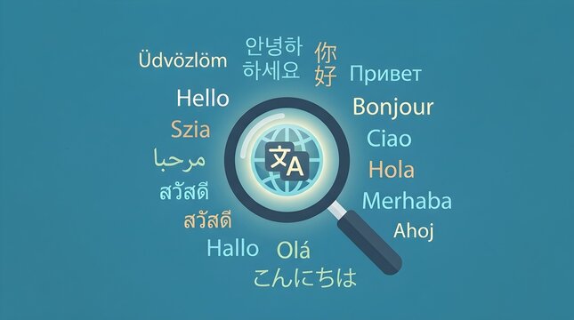 Magnifying glass over globe icon surrounded by hello in multiple languages