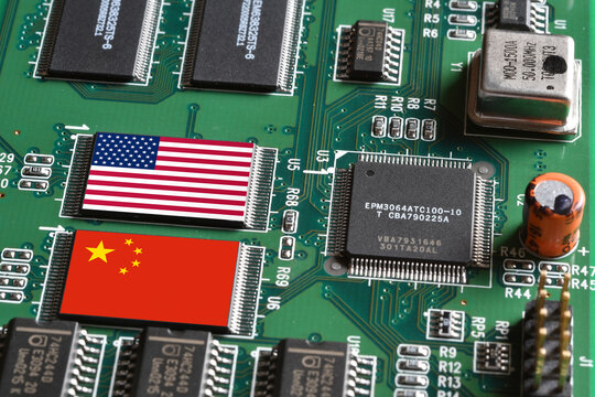 US and China trade war and semiconductor microchip technology competition concept