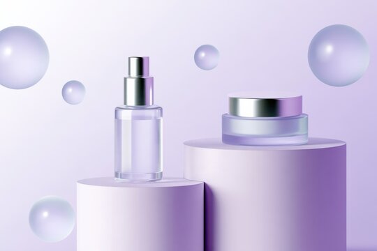 Skincare serum bottle and cream jar on geometric podiums with translucent glass and silver accents, floating frosted spheres in a lavender background