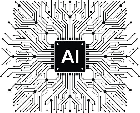Central processing unit microprocessor chip with complex artificial intelligence circuit line array representing neural network computer data technology vector