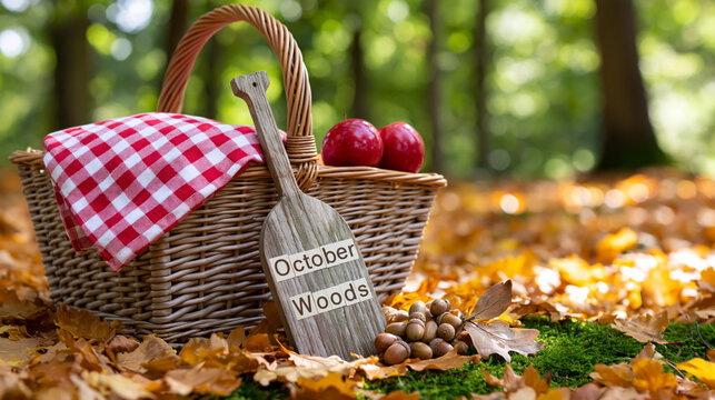 Autumn picnic basket with red apples, checkered cloth, acorns and fallen leaves in sunny october woodland setting