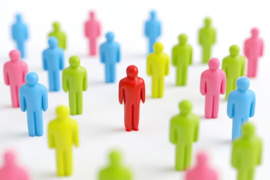A red miniature person stands in focus among softly blurred figures in blue, green, yellow, and pink, set against a clean white background highlighting uniqueness