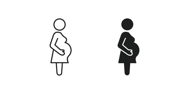 Pregnant woman profile line and solid icons for maternal health and maternity care.