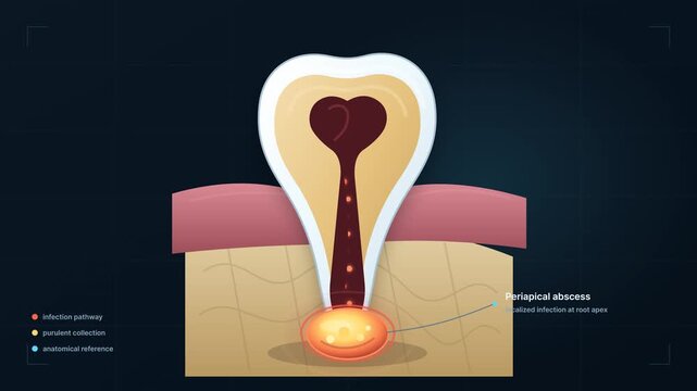 Dentist medical animation of tooth root infection and abscess growth