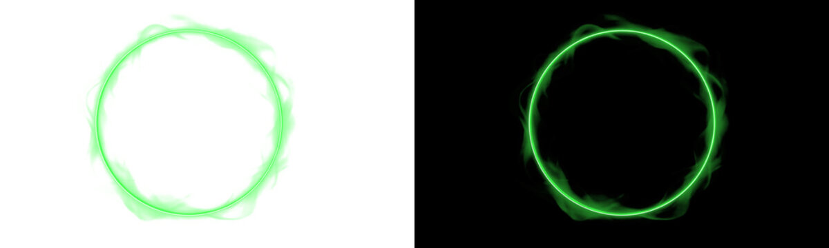 Green energy portal ring with smoke effect isolated on black and white background for fantasy game visual elements.