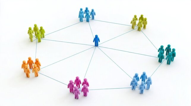 Miniature people in various colors connected by lines, showcasing a network with a central blue figure linking multiple groups across a clean white background