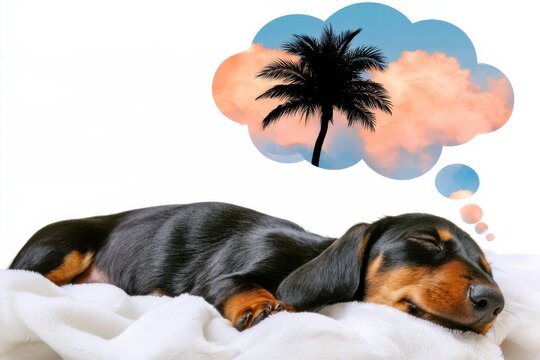 Black and tan dachshund puppy rests peacefully on a soft white blanket, eyes closed, with a tropical dream bubble showing a palm tree silhouette and peach clouds